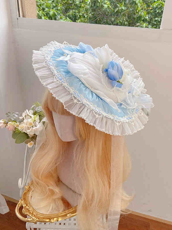 Verzierter Tulpenblauer Hut Flach Lolita / Grün Pink
