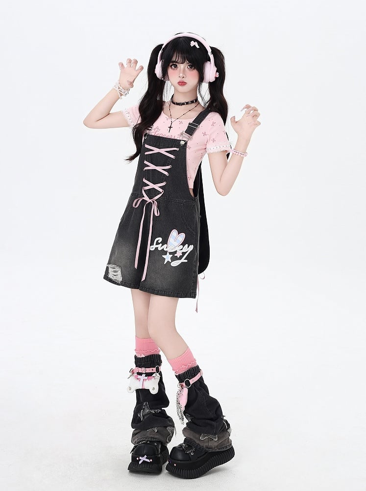 Black Bunny Ears Design Back Adorable Lace-up Denim Overall Shorts
