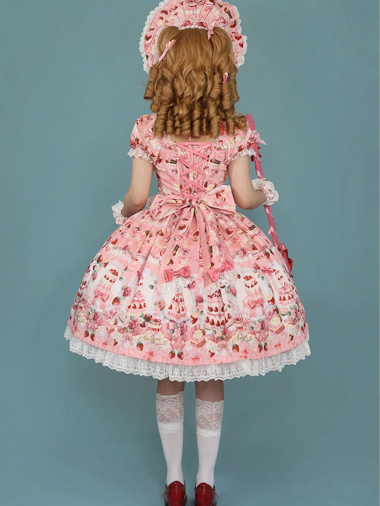 Dress Bow / Print Strawberry Lolita Full Cake Accents Sweet Pink Set