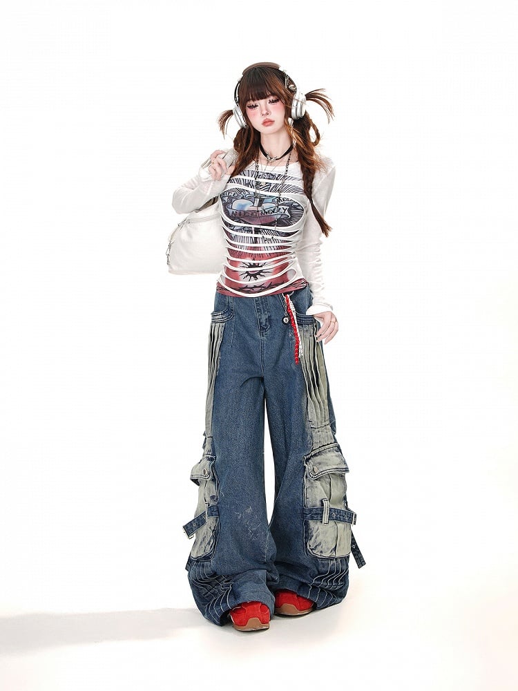 Blue Faded Wash Cargo Pockets Loose Wide-Leg Jeans