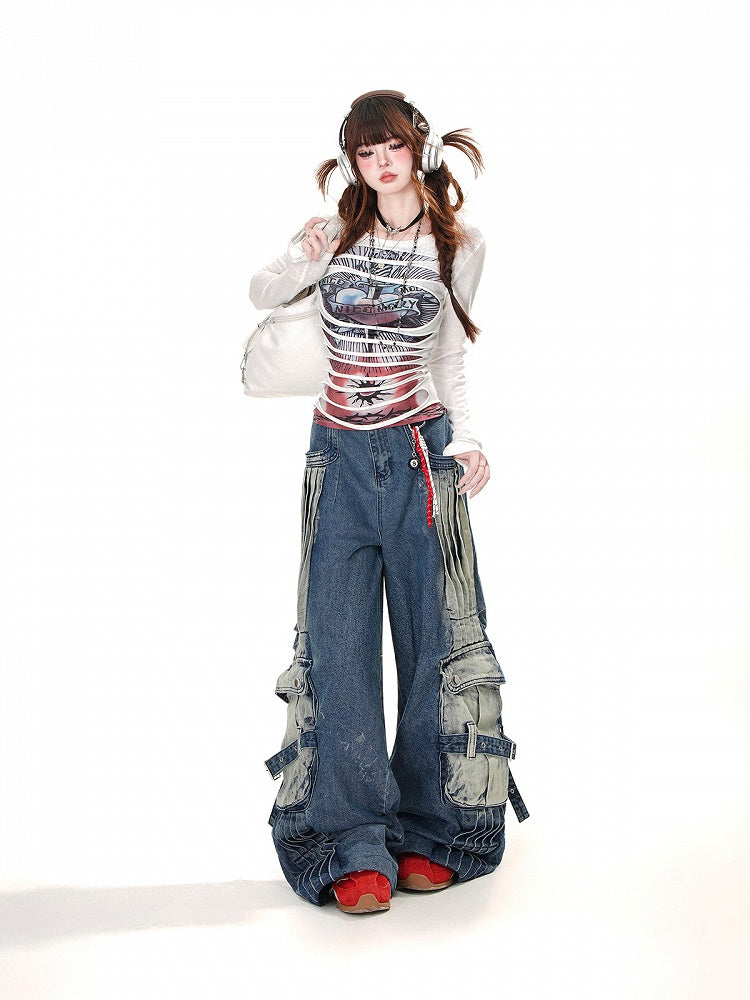 Loose Faded Pockets Wash Cargo Wide-Leg Jeans Blue