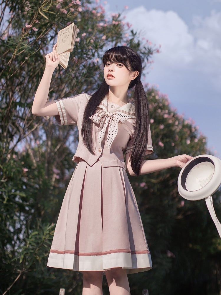 Sleeves Sweet Beige Embroidery Short Collar Sakura Top with Pink Sailor