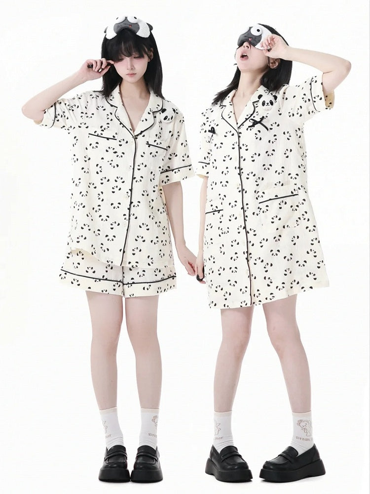 Allover Panda Print Shirt Elastic Pajamas Set Edge Beige Collar Shorts Scalloped + Waist