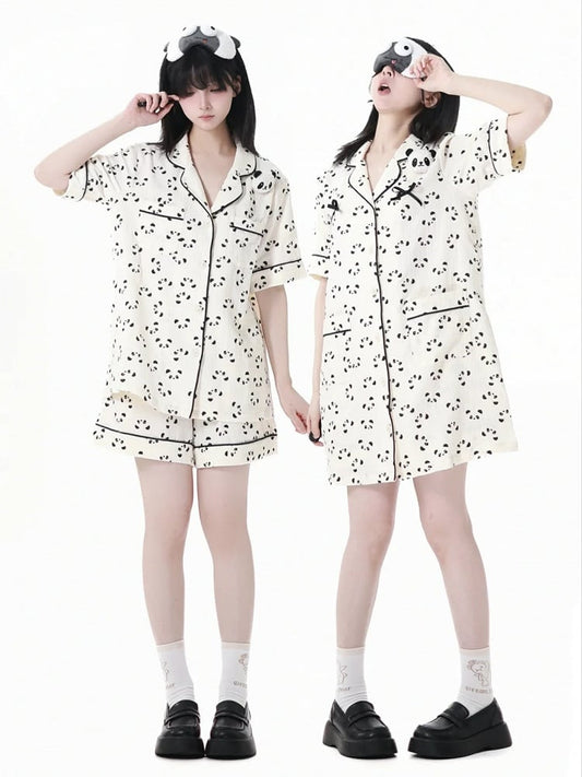 Panda Allover Panda Print Shirt Dress Scalloped Edge Collar Pajamas Beige Plushie