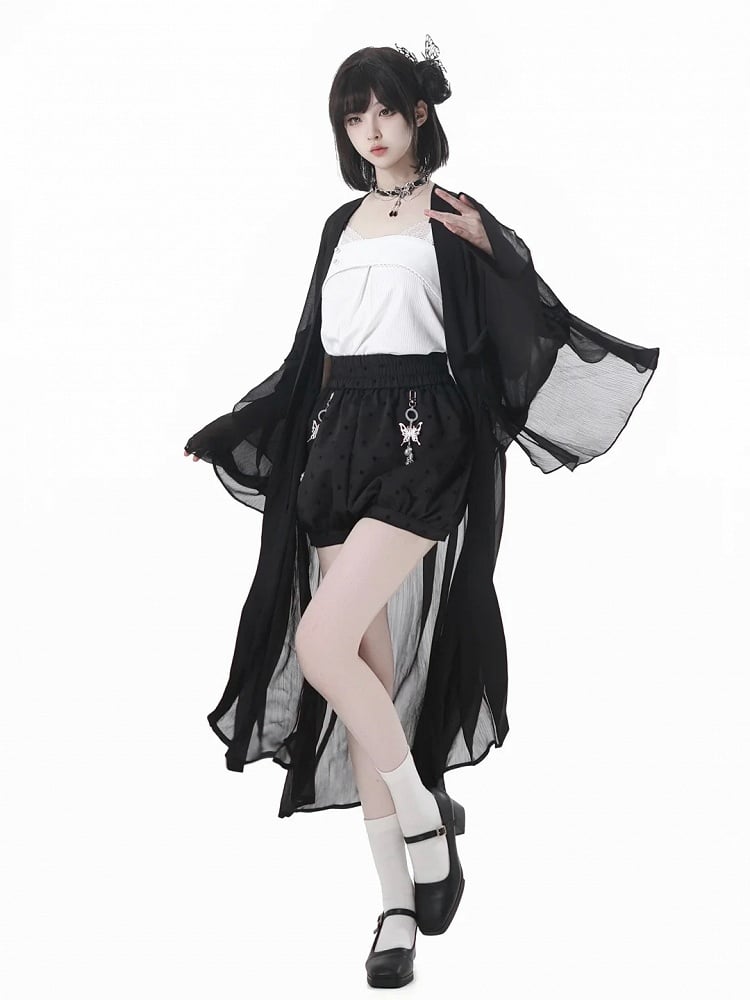 Polka-Dot Bubble Shorts with Butterfly Charms Black Cheongsam Style