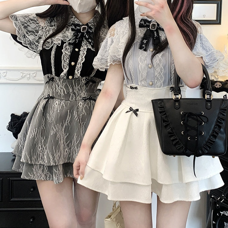 Jirai Kei Black/Blue/White Cutout Shoulder Cape Design Lace Blouse