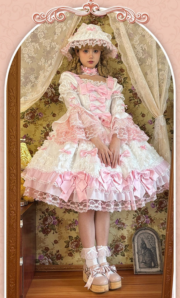 Dress High Sweet Pink with White Waist Sleeves Detachable Lolita Bow Princess Accents