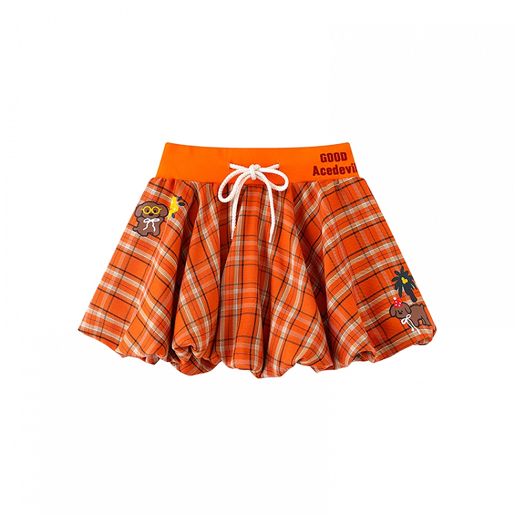 Puppy Orange Plaid Drawstring Waist Print Mini Bubble Skirt