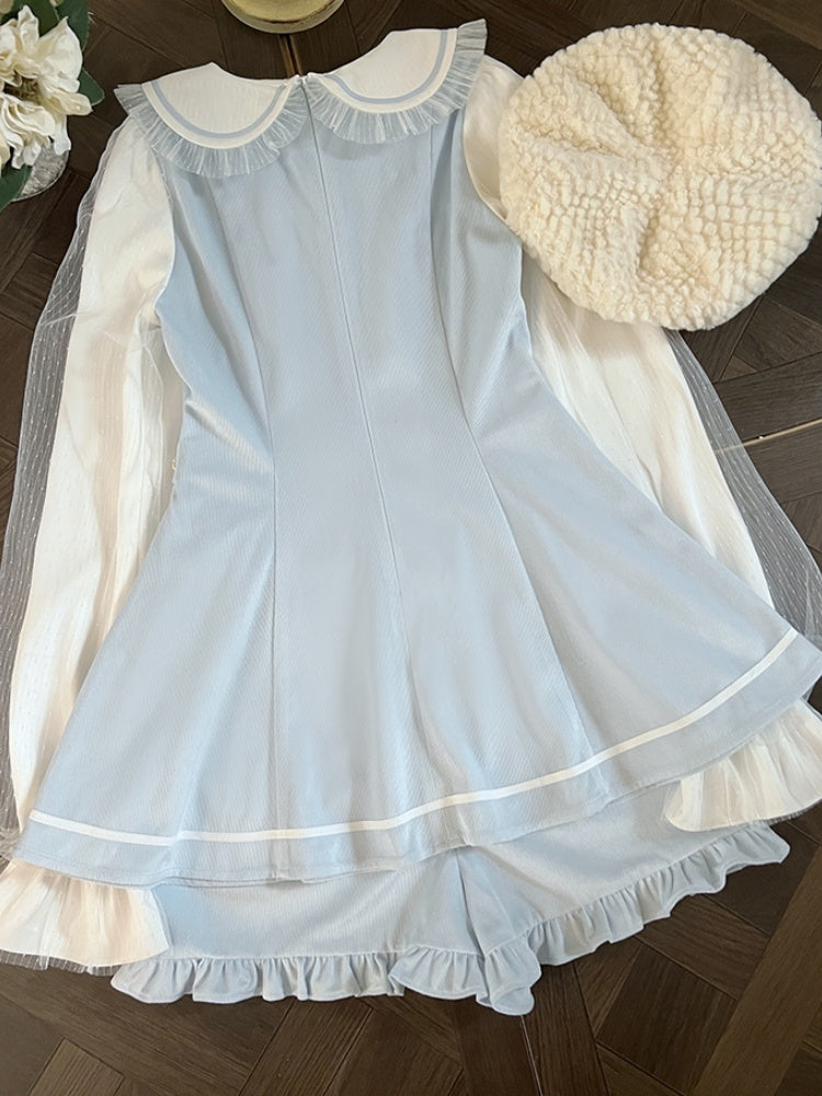 Blaues Minikleid mit Peter-Pan-Kragen + Rüschen-Set – leichte Shorts mit Jirai-Kei-Saum