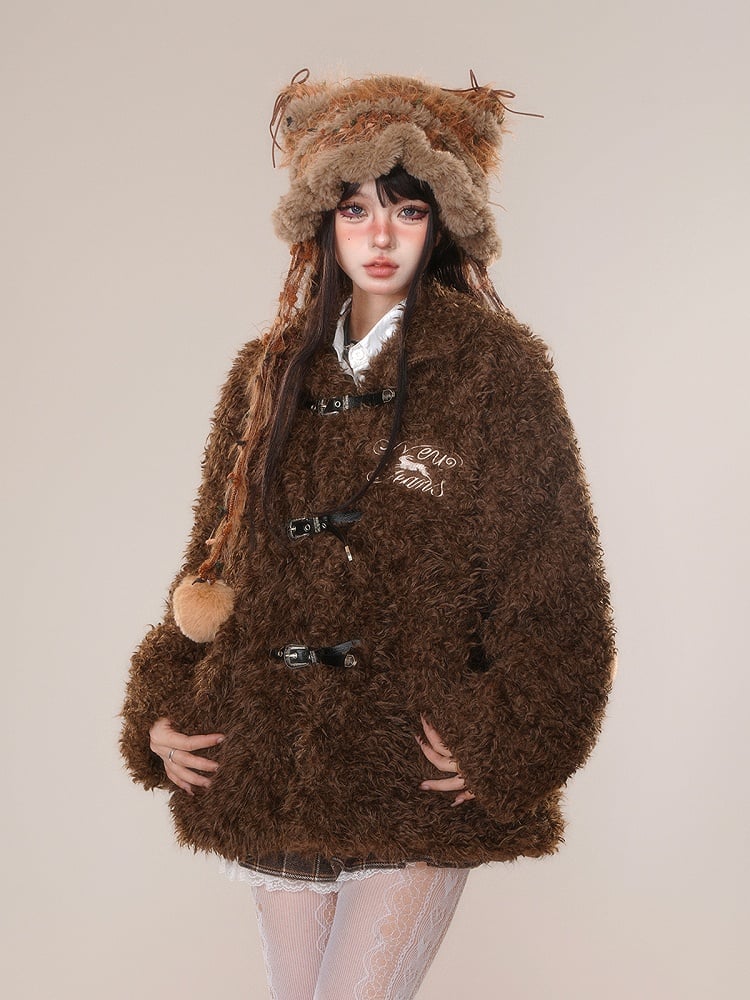 Dark Brown White Letter Buckle Straps Teddy Coat
