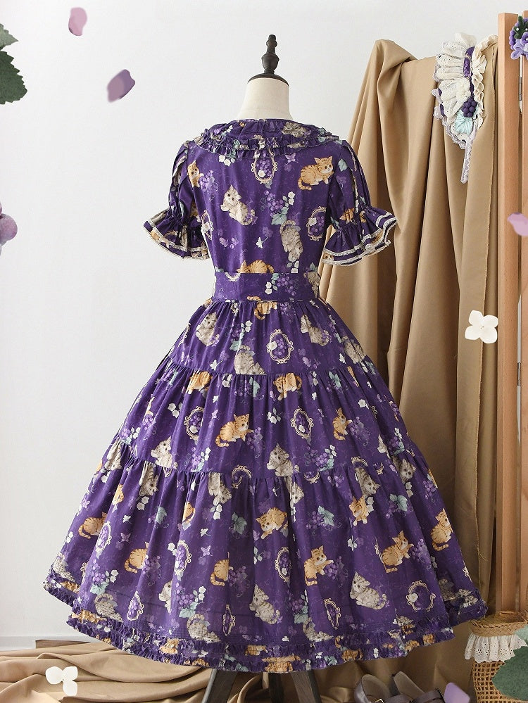 Short Grape Kitty Sleeves Print One Pink Dress Lolita and Piece House Purple Fashion