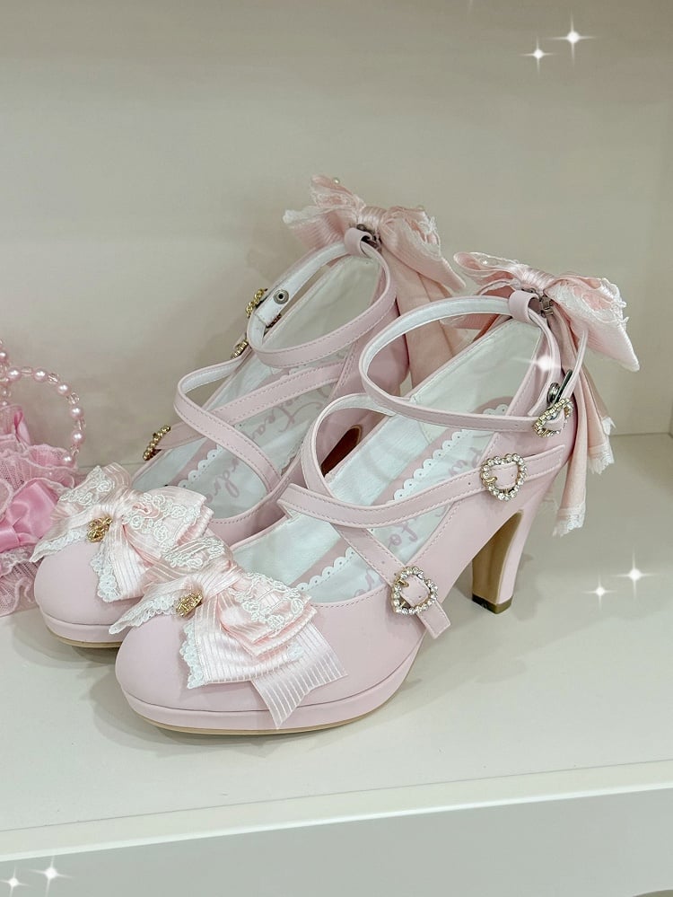 Heart Heels Bow Pink Crisscross High Buckle at Top Design