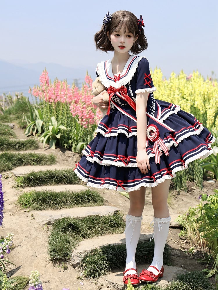 Sailor Set Lolita Navy Summer Dress Skirt Full OP Navycore Tiered Blue