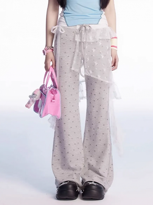 Grey Drawstring Waist Allover Pants Star Print Flared Casual