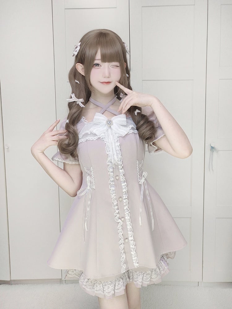 Kleider-Shorts-Set: Knöpfe, Herz-Coord + Sweet Kei Jirai mit hellrosa geformtem Neckholder