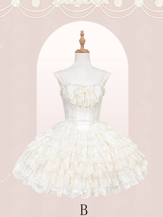 Creamy Scallop Lolita White Skirt Trim Embroidered Princess Dress Tiered