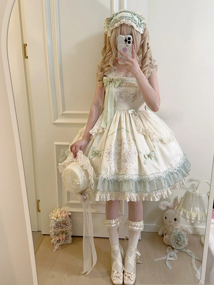 Hoher Rock mit Blumenmuster, Teddy-Stickerei, Lolita-Pullover und Schleife aus Stoff