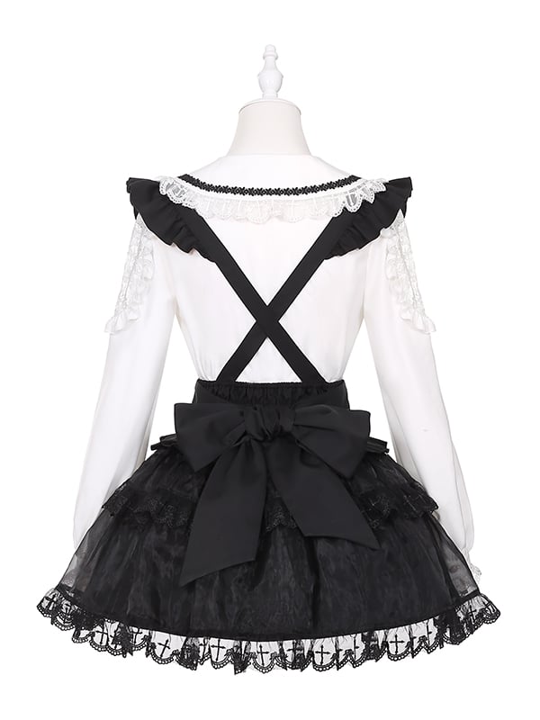 Chemise blanche Jirai Kei à col plat pointu et épaules en dentelle style mines terrestres