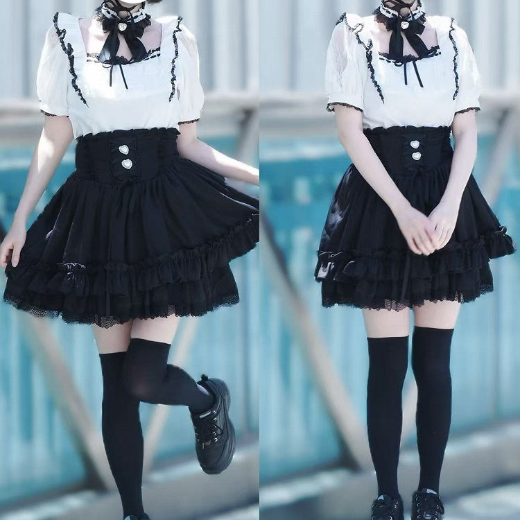 Outfit Cutout Black Kei Blouse Neck Corset - and Square Shoulder Skirt Lace-up White Jirai