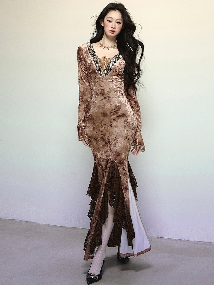 Coffee Sequins V-neck High Waist Lace Patchwork Flounce Mermaid Skirt Velvet Dress Evening Gown