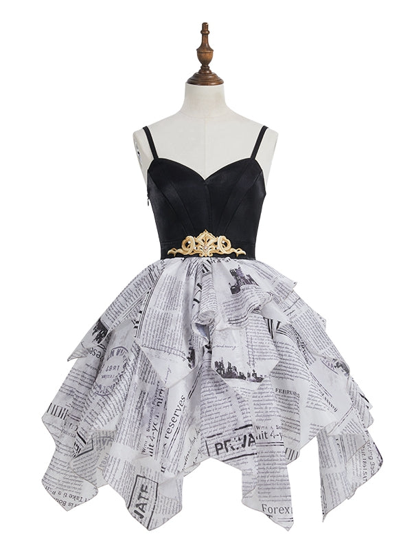 Elegant Skirt Layered Jumper Dress Lolita Print Newspaper Handkerchief