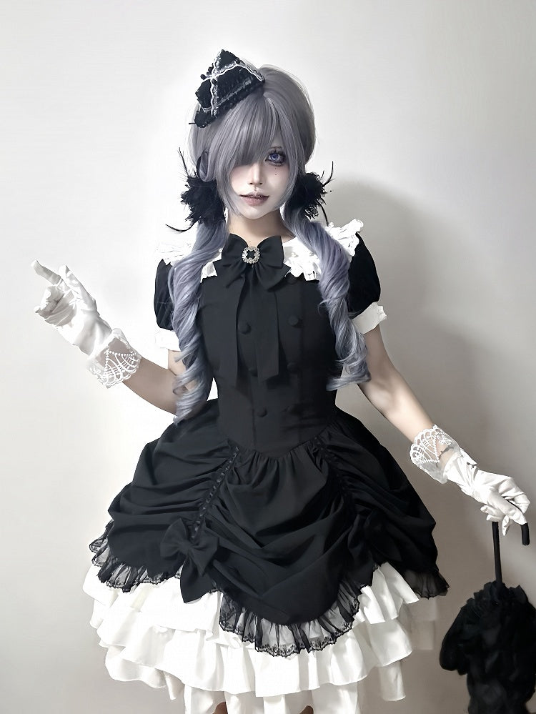 und asymmetrisches Kleid Schwarz Lolita Peter Pan Weißer Rock Stufen Gothic Ärmel Kragen Kurz