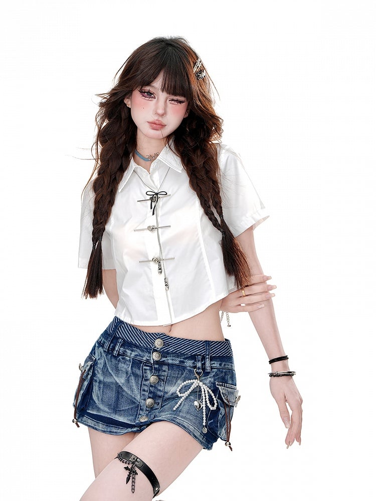 Top with Big Bow Cropped Black/White Cutout Glamorous at Back