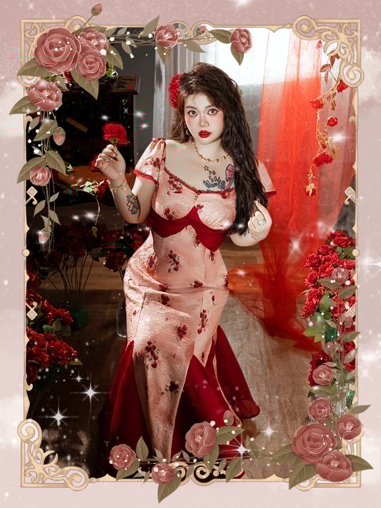 Hem Skirt Plus Size Mesh Red Rosette Print Dress Patchwork Mermaid