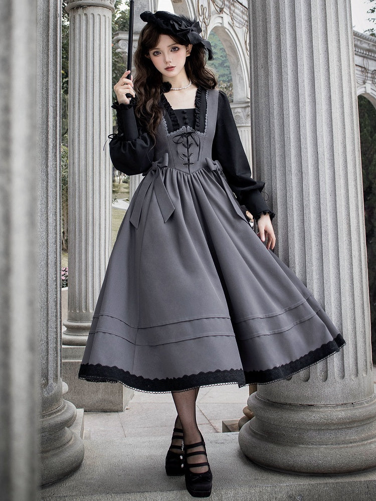 Black and Gray Elegant Square Neckline Spring Long Bishop Sleeves Lolita Dress