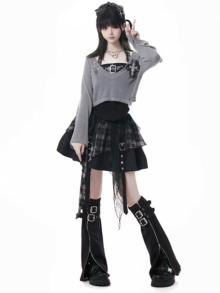 Plaid Adjustable Idol with Red/Black Top Black Panel Cami Y2K - Buckle Self-Tie Halter