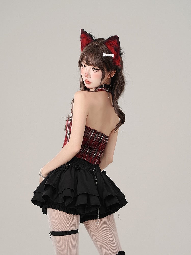 Red Plaid Halter Neck Crop Tank Top - Adorable Slimming