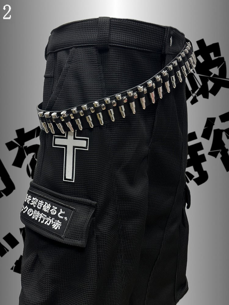 Applikation Schwarz Punk Weites Bein Cargo Kreuz Verziert Rock Taschen Hose Brief Und