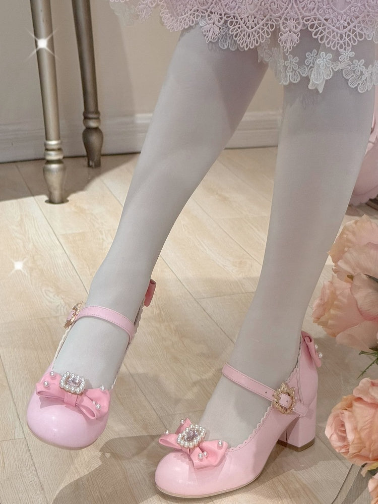 Schuhe Janes Bowknot Strass verziert und rund Mary Lolita Details Perlen Zehen rosa