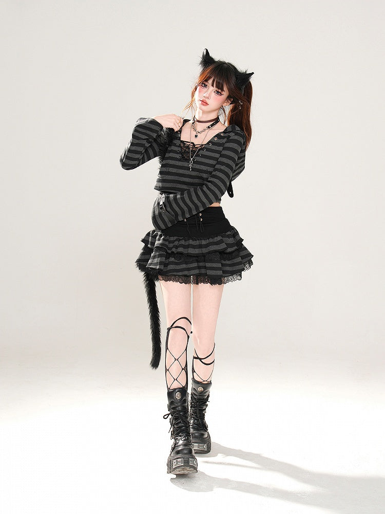 Glamorous Tiered Skirt Black Striped Lace Trim Lace-up Waist