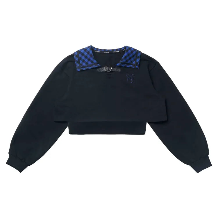 Blue Free Dark Sweatshirt mit Cami-Kragen Top Plaid Cropped Schwarz