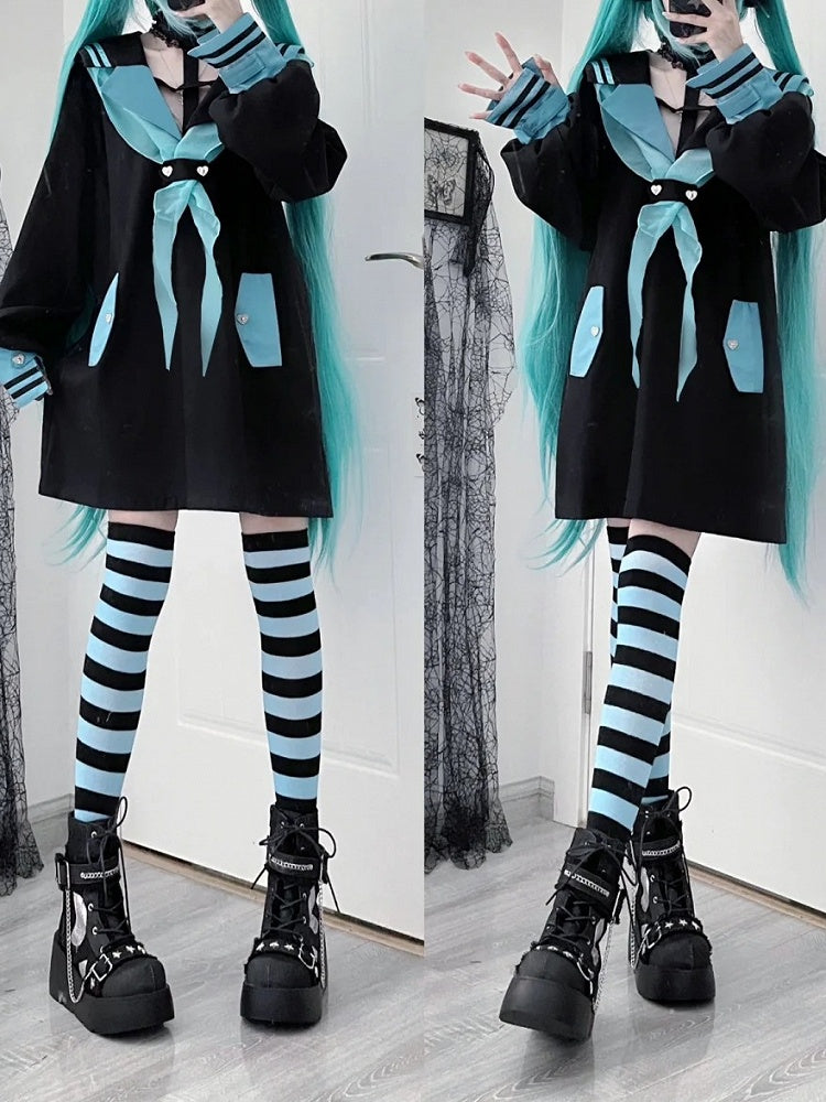 Style Landmine Black Futuristic Sailor Collar Cross Halter Neck Long Top with Contrast Green