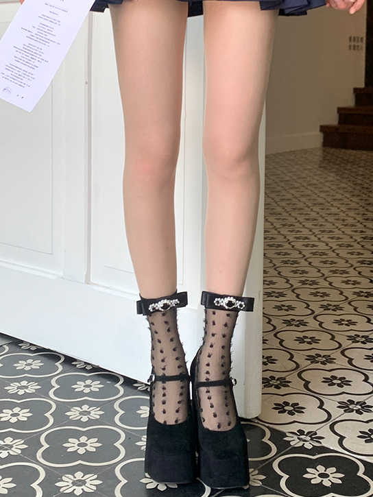 Rhinestone Decorated Socks Bowknot White/Grey/Black