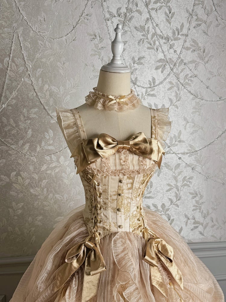 Drawstring Lolita Skirt Corset Waist Overlay Champagne Jumper