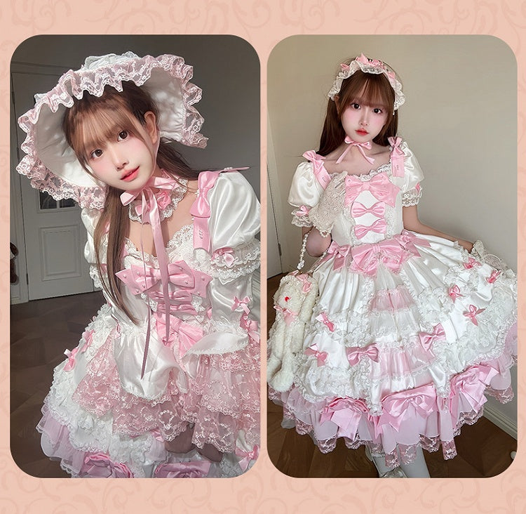 Dress High Sweet Pink with White Waist Sleeves Detachable Lolita Bow Princess Accents