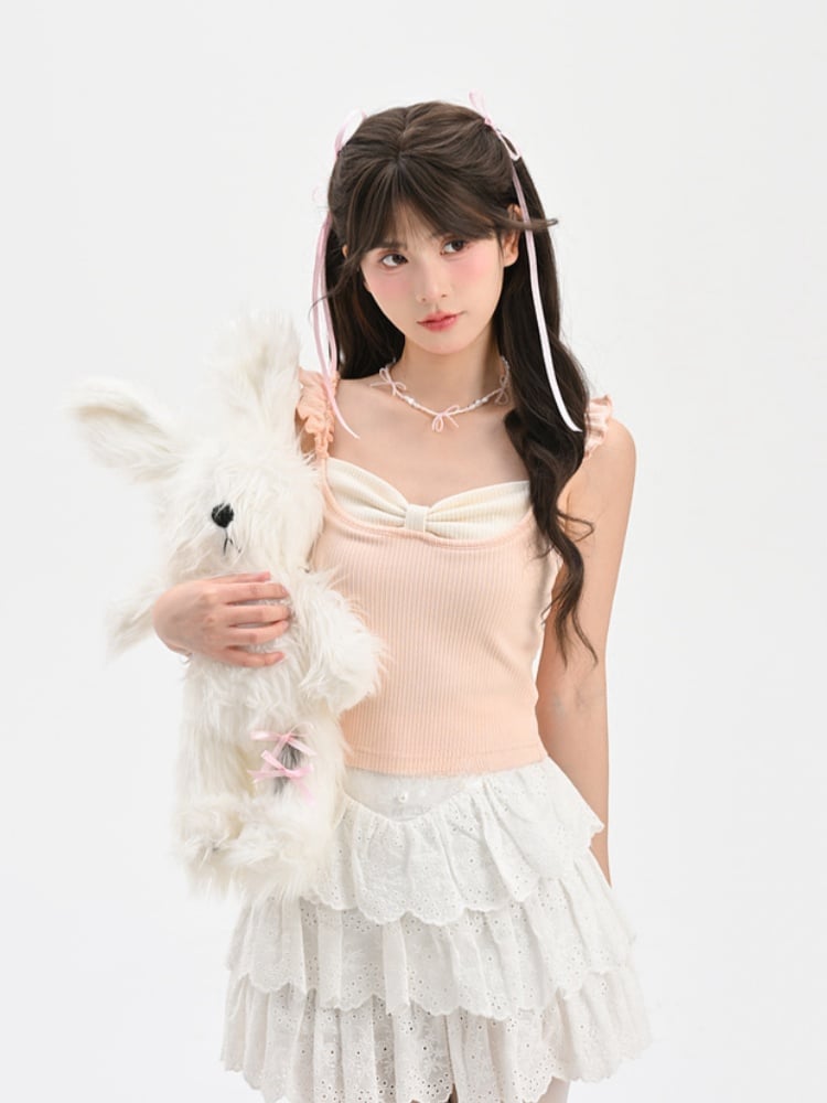 Tank Top Pink Flutter Sleeves Bowknot Design Neckline
