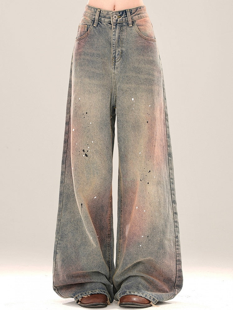 Splash Ink Details Pink Wide-leg Blue Faded Jeans Cut Wash and