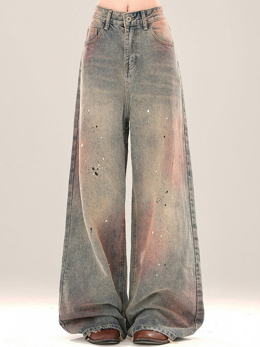 Splash Ink Details Pink Wide-leg Blue Faded Jeans Cut Wash and