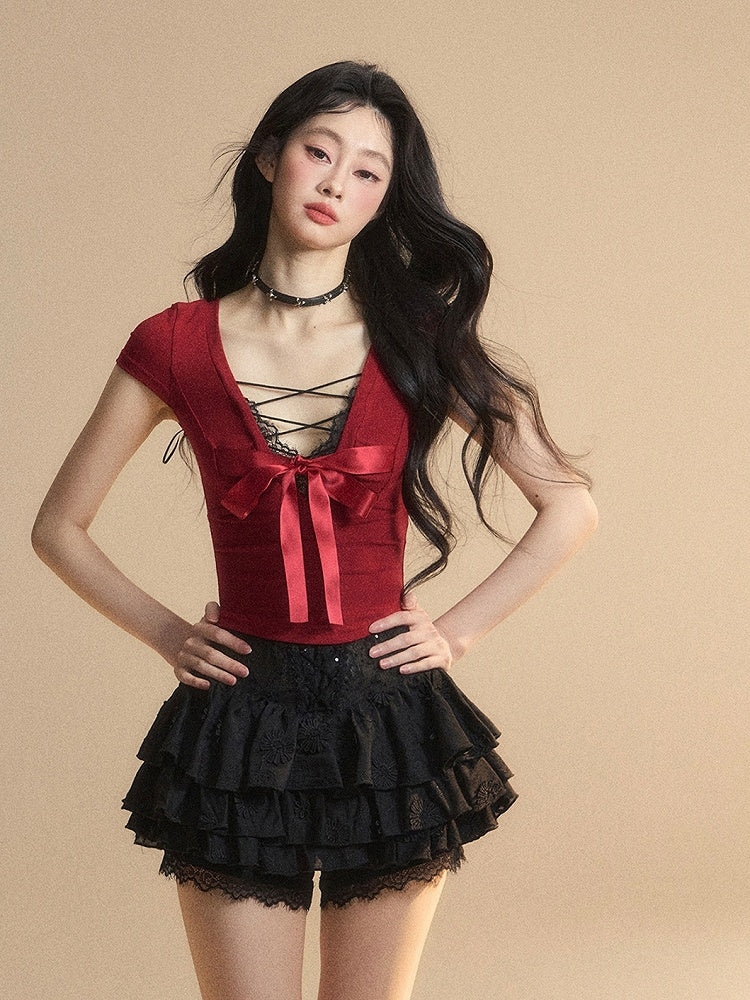 Red Lace Big Bow Slim-fitting Back T-Shirt Trim V-Neck Cutout