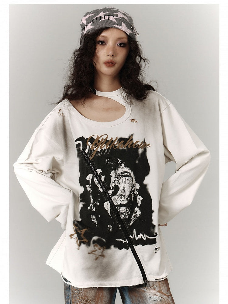 Zipper and Detail White Distressed Top with Cutout Shoulder