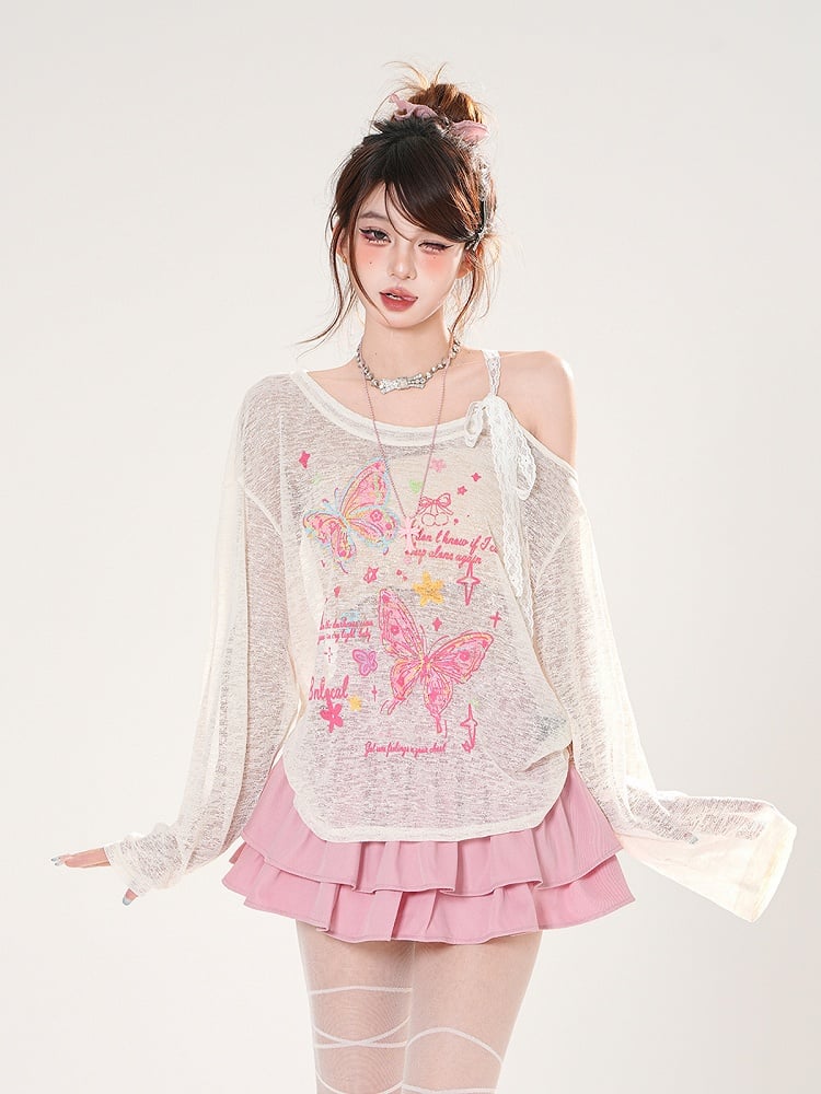Asymmetrical Neckline Butterfly Print Apricot/Green