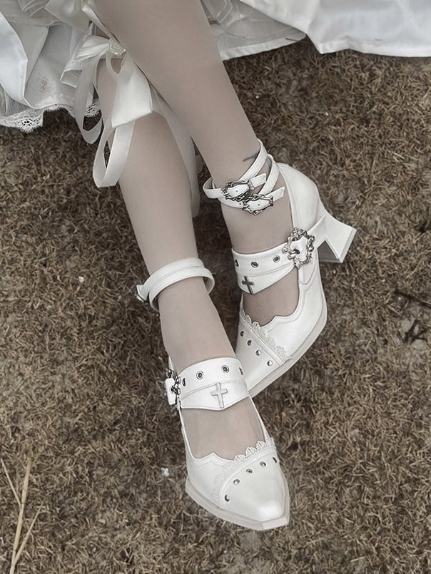 Punk Pointed Toe High Block Heels in White Coffin Buckles and Metal Cross with Gothic 8.5cm