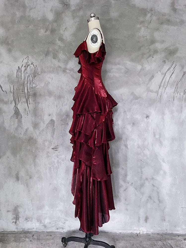 Red Shimmer Asymmetrical Layered Flounce Spaghetti Strap Prom Dress Evening Gown