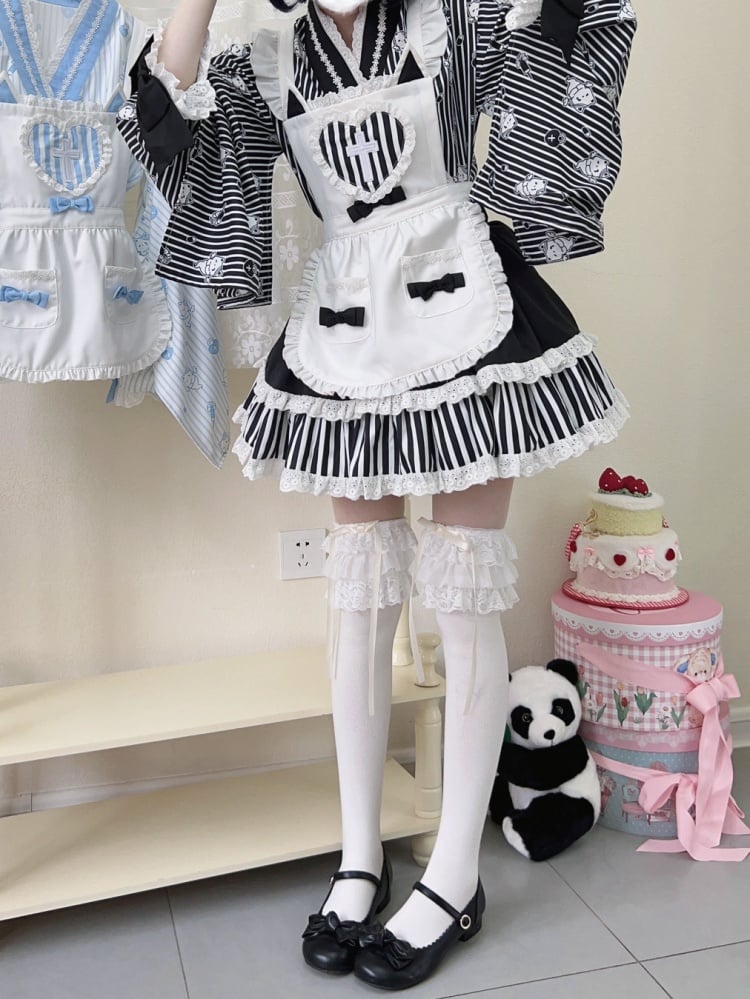 ブラックストライプのリトルゴーストプリントトップス+ティアードスカート+エプロン和ロリータセット