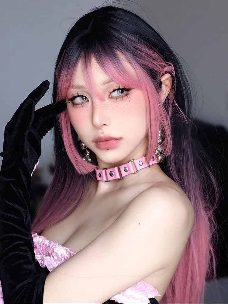68CM And Black Wig Ombre Length Straight Bangs Air Pink With