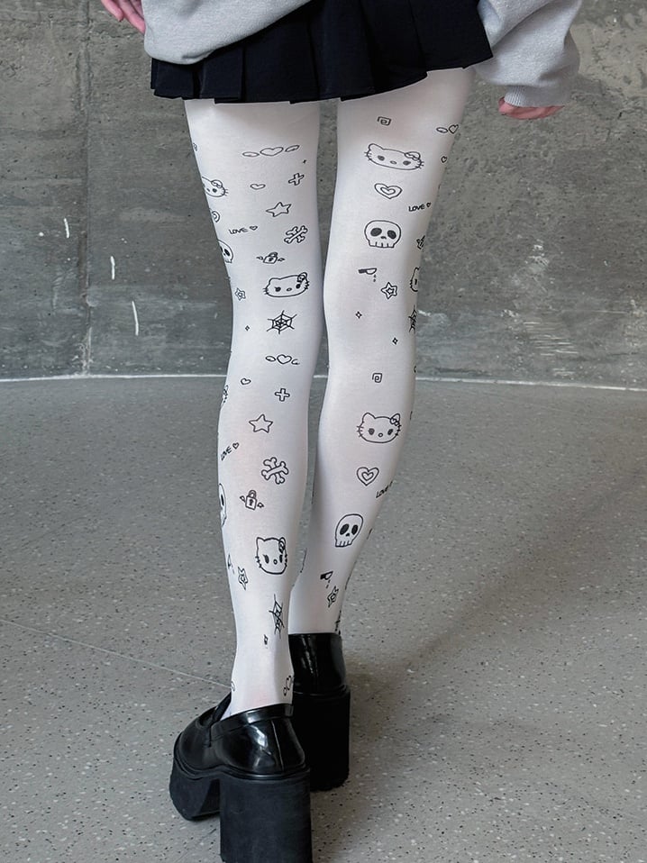 White Sweet Kitty Heart Star Print Cartoon Tights